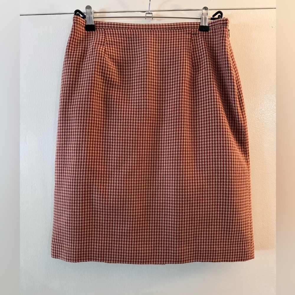 Ann Taylor Houndstooth Skirt Red Pattern Holiday Brown Lined Wool Tweed 8